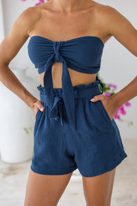 Womens super soft, 100% cotton Bandeau Top in navy blue featuring a detachable front tie and elasticated back. Pair with our matching shorts, trousers and shirt 