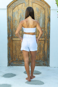 Womens super soft, 100% cotton Bandeau Top in white featuring a detachable front tie and elasticated back. Pair with our matching shorts, trousers and shirt 