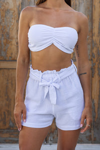 Womens super soft, 100% cotton Bandeau Top in white featuring a detachable front tie and elasticated back. Pair with our matching shorts, trousers and shirt 
