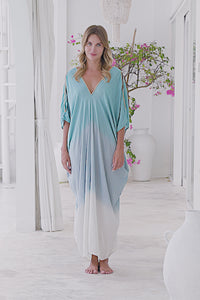 Womens Safia ombré boho kaftan dress in bue. Soft lightweight rayon with hand beaded details. 