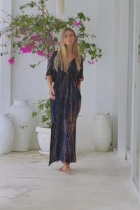 womens oversize maxi length tie dye kaftan in ink black and featuring a hand beaded neckline, pull tie detail and side pockets

