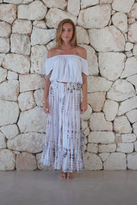 Womens tie dye skirt in white and copper featuring a smocked waist and button down front closing