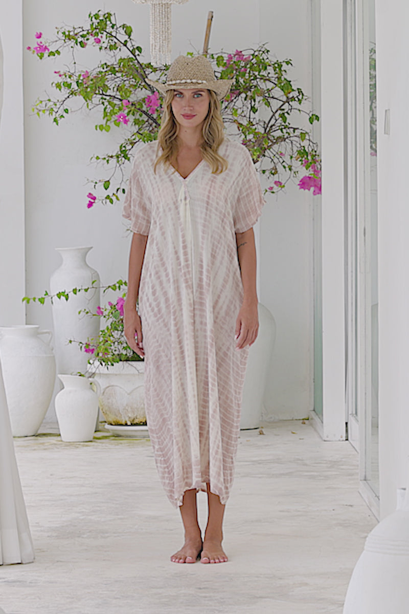 Womens Avery Kaftan dress in pink and cream tie dye, in soft lightweight rayon, with pockets and hand beaded detailing.