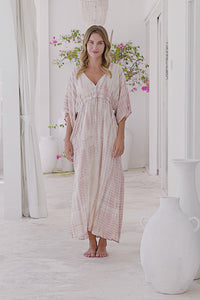 Womens Palmira Maxi Dress in is pink and cream tie dye finish, in soft lightweight rayon, with side splits, pockets and hand beaded detailing.