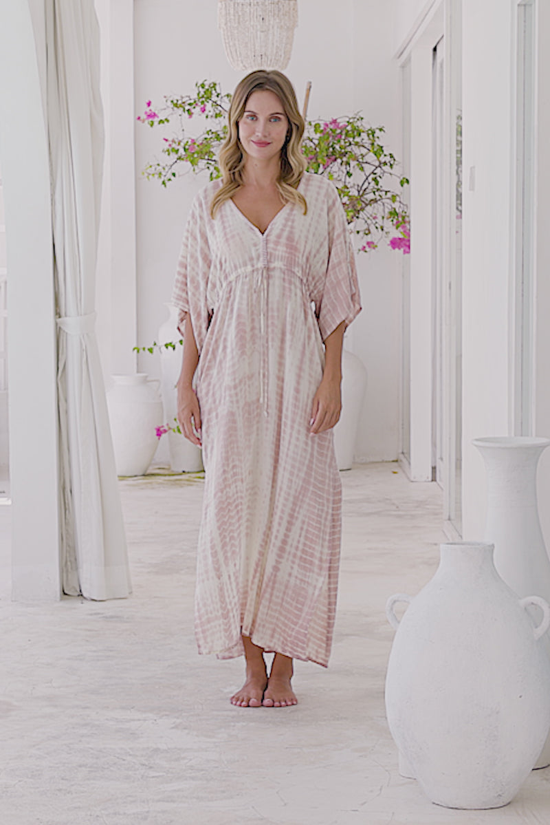Womens Palmira Maxi Dress in is pink and cream tie dye finish, in soft lightweight rayon, with side splits, pockets and hand beaded detailing.