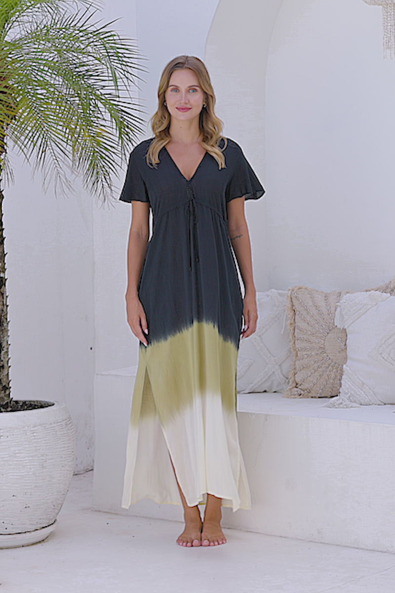 Womens Nadia Maxi Dress in black ombre finish, in soft lightweight rayon, with side splits, pockets and hand beaded detailing.