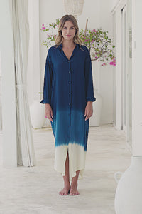 Womens Lisy maxi shirt dress in navy ombré finish, in soft lightweight rayon, with  a button down front, cuffed long sleeves, side splits, discreet pockets and a detachable belt.