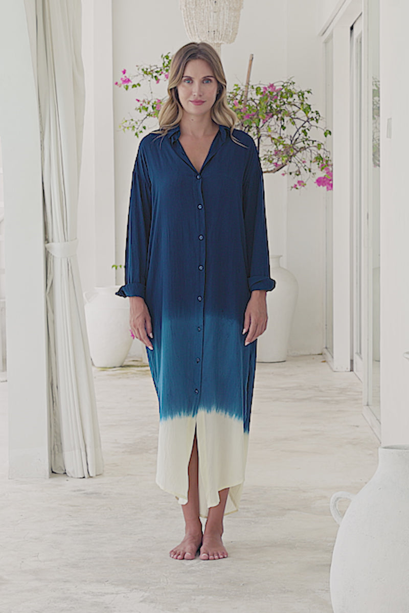 Womens Lisy maxi shirt dress in navy ombré finish, in soft lightweight rayon, with  a button down front, cuffed long sleeves, side splits, discreet pockets and a detachable belt.