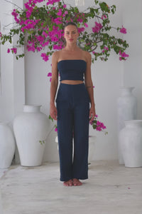 Womens stylish, super soft 100% cotton Rachel Trousers in navy blue, featuring an elasticated waist and pockets for a flattering and comfortable fit