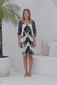 Womens Molly short length Kaftan in black and cream tie dye finish, in soft lightweight rayon, with side splits, pockets and hand beaded detailing.