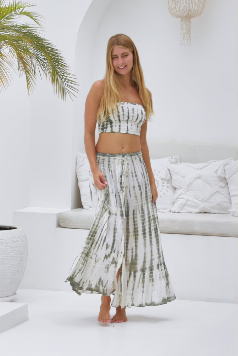 womens tie dye skirt in khaki and cream featuring a smocked waist and button down front closing