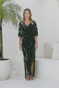 Womens Molly Kaftan in black and beige tie dye finish, in soft lightweight rayon, with side splits, pockets and hand beaded detailing.