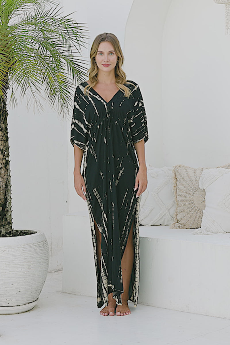 Womens Molly Kaftan in black and beige tie dye finish, in soft lightweight rayon, with side splits, pockets and hand beaded detailing.