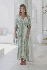 Womens Palmira Maxi Dress in is green and cream tie dye finish, in soft lightweight rayon, with side splits, pockets and hand beaded detailing.
