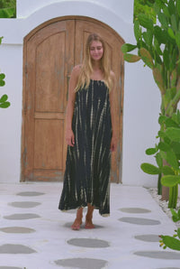 womens a line tie dye strappy dress in black featuring adjustable straps and side pockets