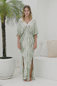 Womens Molly Kaftan in green and cream tie dye finish, in soft lightweight rayon, with side splits, pockets and hand beaded detailing.