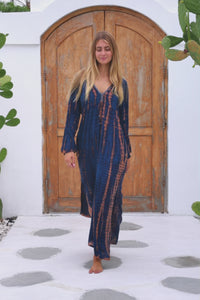 Womens Natalia Maxi Dress in navy and copper tie dye finish, in soft lightweight rayon, with side splits, trumpet sleeves, pockets and hand beaded detailing.