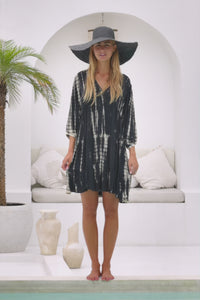 Womens Freya Short Tunic Dress in black and beige tie dye finish, in soft lightweight rayon, with side 3/4 sleeves, pockets and hand beaded detailing.