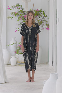Womens Avery Kaftan dress in black and beige tie dye, in soft lightweight rayon, with pockets and hand beaded detailing.