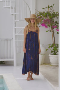 womens a line tie dye strappy dress in navy blue and brown featuring adjustable straps and side pockets