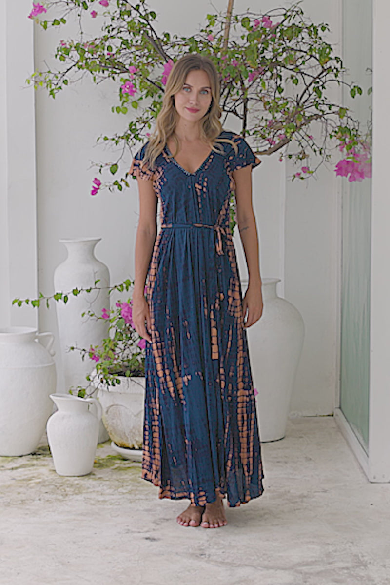 Womens Aria Maxi Dress in navy and copper tie dye, soft lightweight rayon with pockets, a detachable belt and hand beaded detailing.