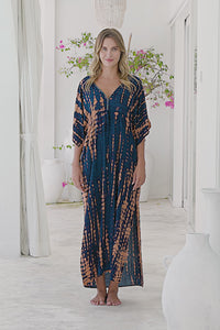 Womens Palmira Maxi Dress in is navy and copper tie dye finish, in soft lightweight rayon, with side splits, pockets and hand beaded detailing.