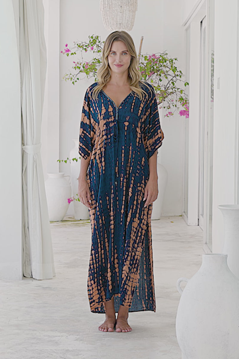 Womens Palmira Maxi Dress in is navy and copper tie dye finish, in soft lightweight rayon, with side splits, pockets and hand beaded detailing.