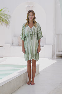 Womens Palmira short Dress in green and cream tie dye finish, in soft lightweight rayon with pockets and hand beaded detailing.