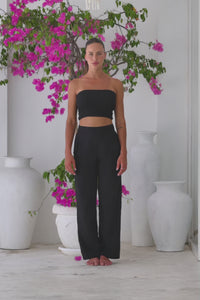 Womens stylish, super soft 100% cotton Rachel Trousers in black, featuring an elasticated waist and pockets for a flattering and comfortable fit