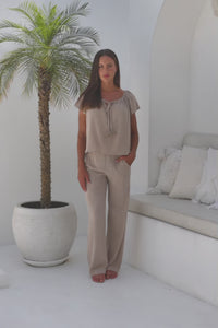 Womens gypsy style top in beige is perfect to coordinate with our trousers and shorts