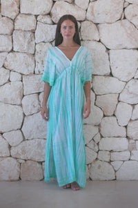 Womens overisze maxi length tie dye kaftan in aqua blue featuring a hand beaded neckline and pull tie detail