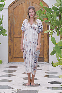 Womens Avery Kaftan dress in white and copper tie dye, in soft lightweight rayon, with pockets and hand beaded detailing.