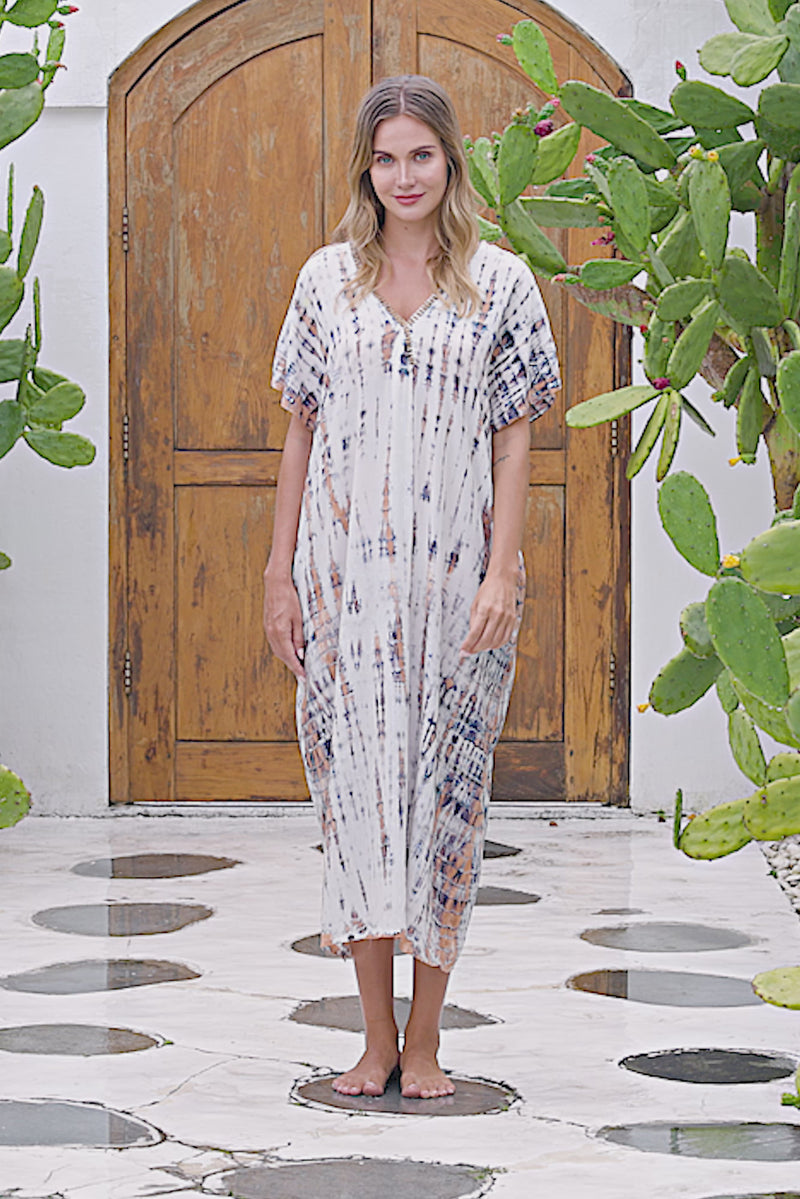 Womens Avery Kaftan dress in white and copper tie dye, in soft lightweight rayon, with pockets and hand beaded detailing.