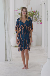 Womens Palmira short Dress in navy and copper tie dye finish, in soft lightweight rayon with pockets and hand beaded detailing.