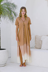 Womens Nadia Maxi Dress in copper ombre finish, in soft lightweight rayon, with side splits, pockets and hand beaded detailing.