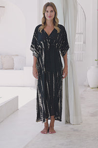 Womens Palmira Maxi Dress in is black and beige tie dye finish, in soft lightweight rayon, with side splits, pockets and hand beaded detailing.