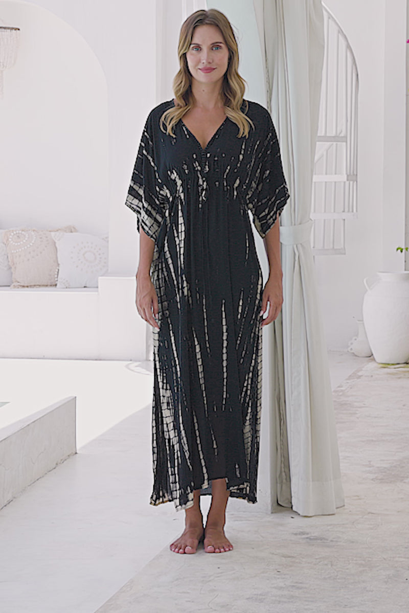 Womens Palmira Maxi Dress in is black and beige tie dye finish, in soft lightweight rayon, with side splits, pockets and hand beaded detailing.