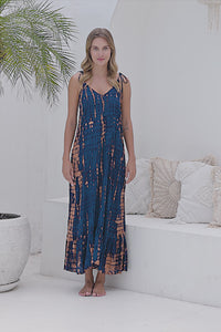 Womens Harlow Maxi Dress in navy and copper tie dye, in soft lightweight rayon, with pockets and adjustable tie straps. 
