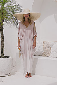 Womens Safia ombré boho kaftan dress in powder. Soft lightweight rayon with hand beaded details. 