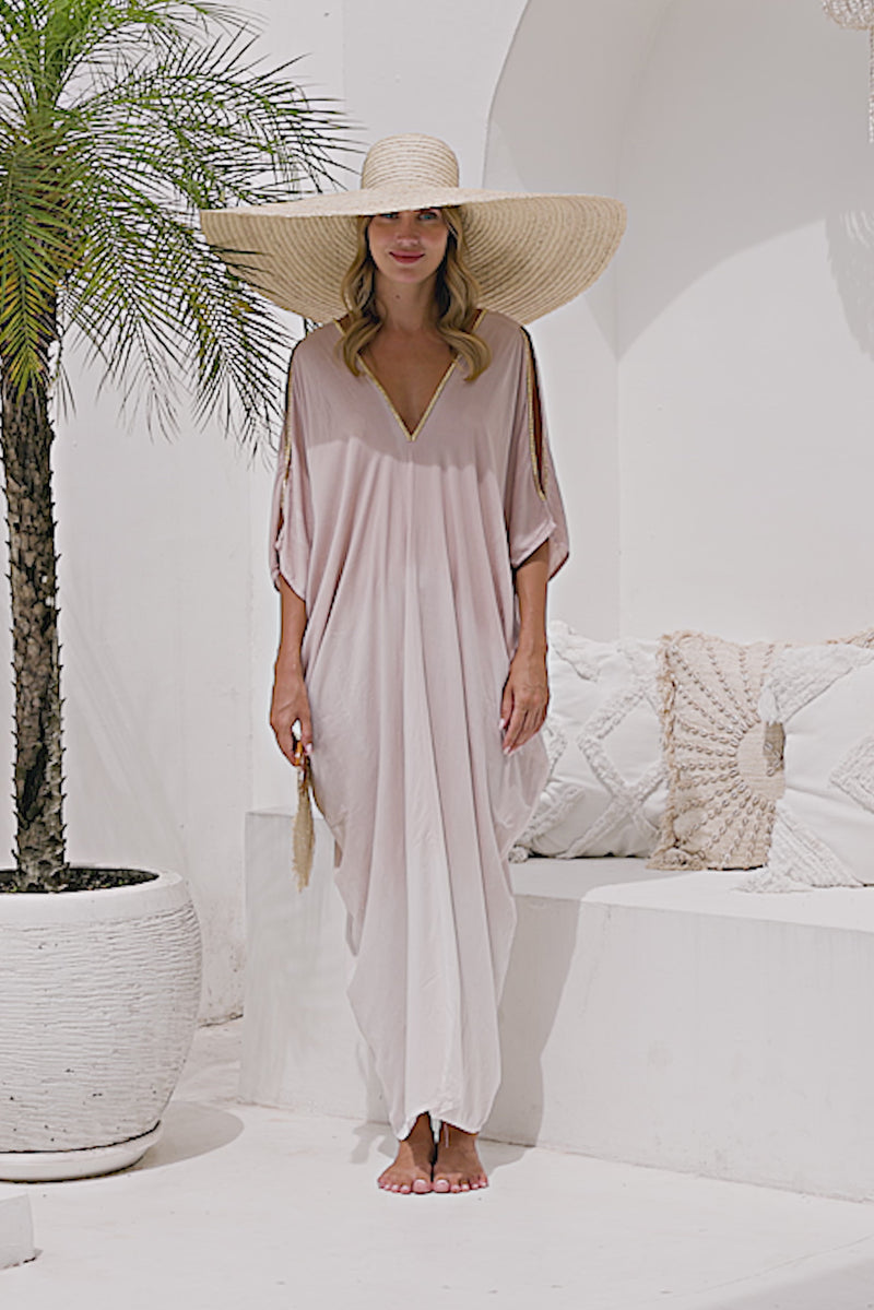 Womens Safia ombré boho kaftan dress in powder. Soft lightweight rayon with hand beaded details. 