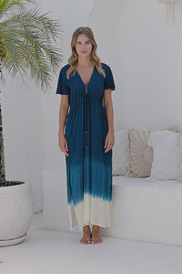 Womens Nadia Maxi Dress in navy ombre finish, in soft lightweight rayon, with side splits, pockets and hand beaded detailing.