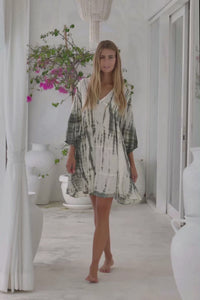 Womens Freya Short Tunic Dress in khaki and cream tie dye finish, in soft lightweight rayon, with side 3/4 sleeves, pockets and hand beaded detailing.