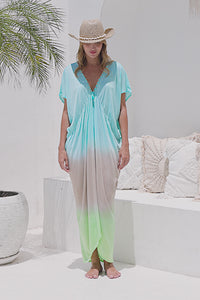 Womens Sadie ombré boho kaftan dress in turquoise. Handmade in Bali in soft lightweight rayon with hand beaded details. 