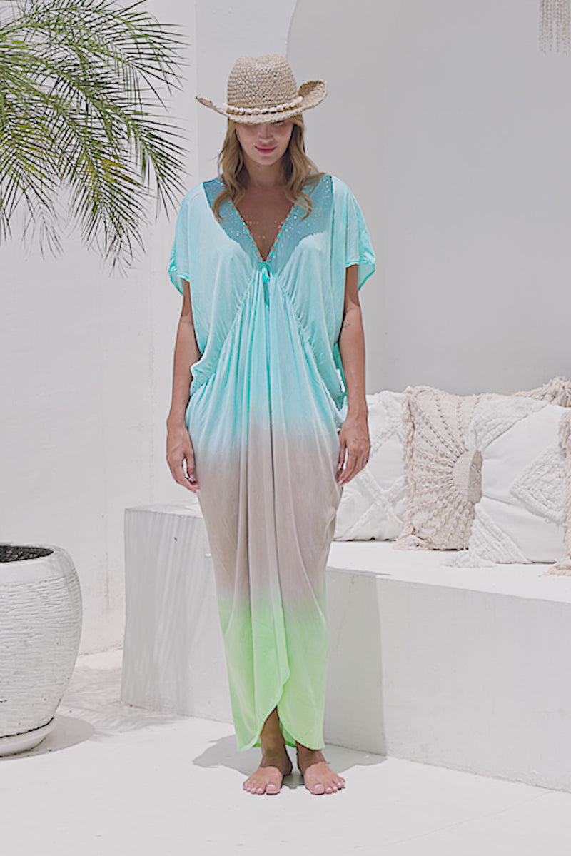 Womens Sadie ombré boho kaftan dress in turquoise. Handmade in Bali in soft lightweight rayon with hand beaded details. 