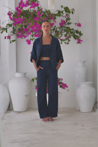 Womens super soft, 100% cotton, button up, relaxed fit Box Shirt in navy blue, with 3/4 length sleeves Pair with our matching shorts and trousers