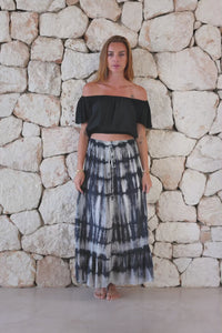 Womens off the shoulder gypsy style tie crop top in black is perfect to coordinate with our trousers and skirts