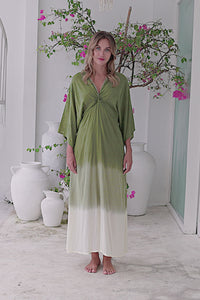 Womens Jasmin Maxi Dress in khaki ombre finish, in soft lightweight rayon, with side splits, pockets and hand beaded detailing.