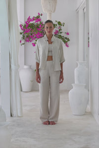 Womens super soft, 100% cotton, button up, relaxed fit Box Shirt in taupe, with 3/4 length sleeves Pair with our matching shorts and trousers