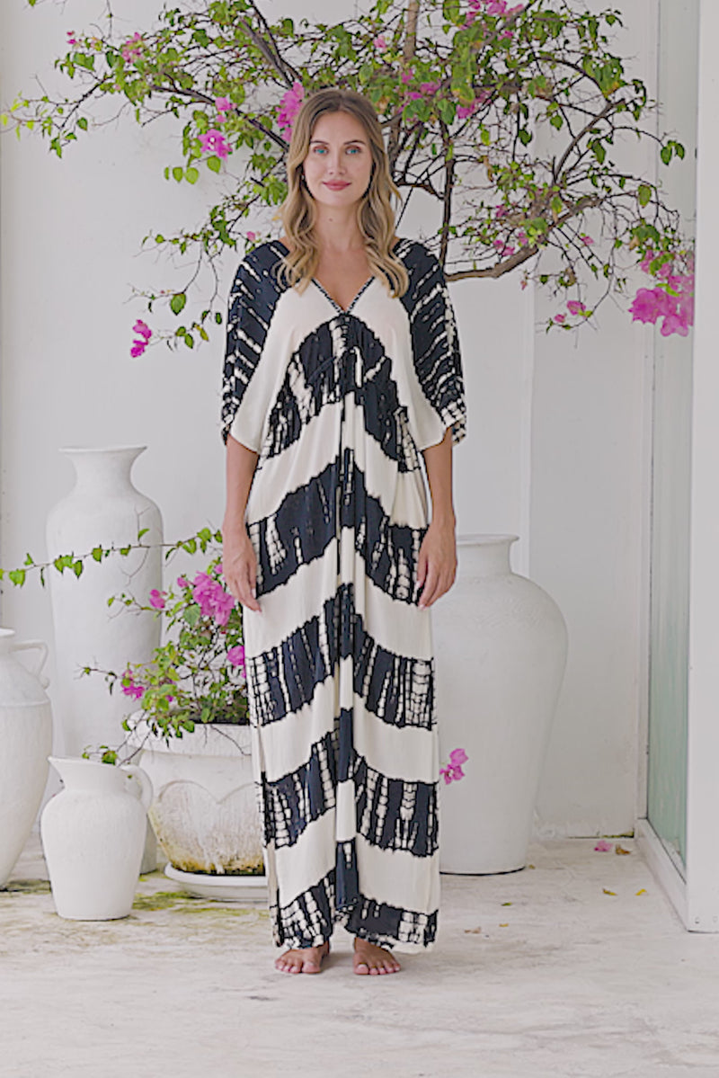 Womens Molly Kaftan in black and cream tie dye finish, in soft lightweight rayon, with side splits, pockets and hand beaded detailing.