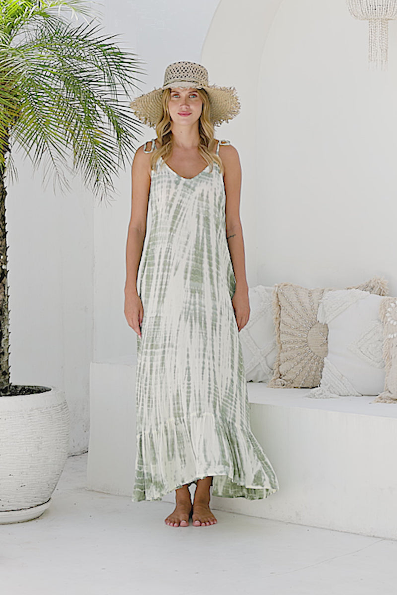 Womens Harlow Maxi Dress in green and cream tie dye, in soft lightweight rayon, with pockets and adjustable tie straps. 